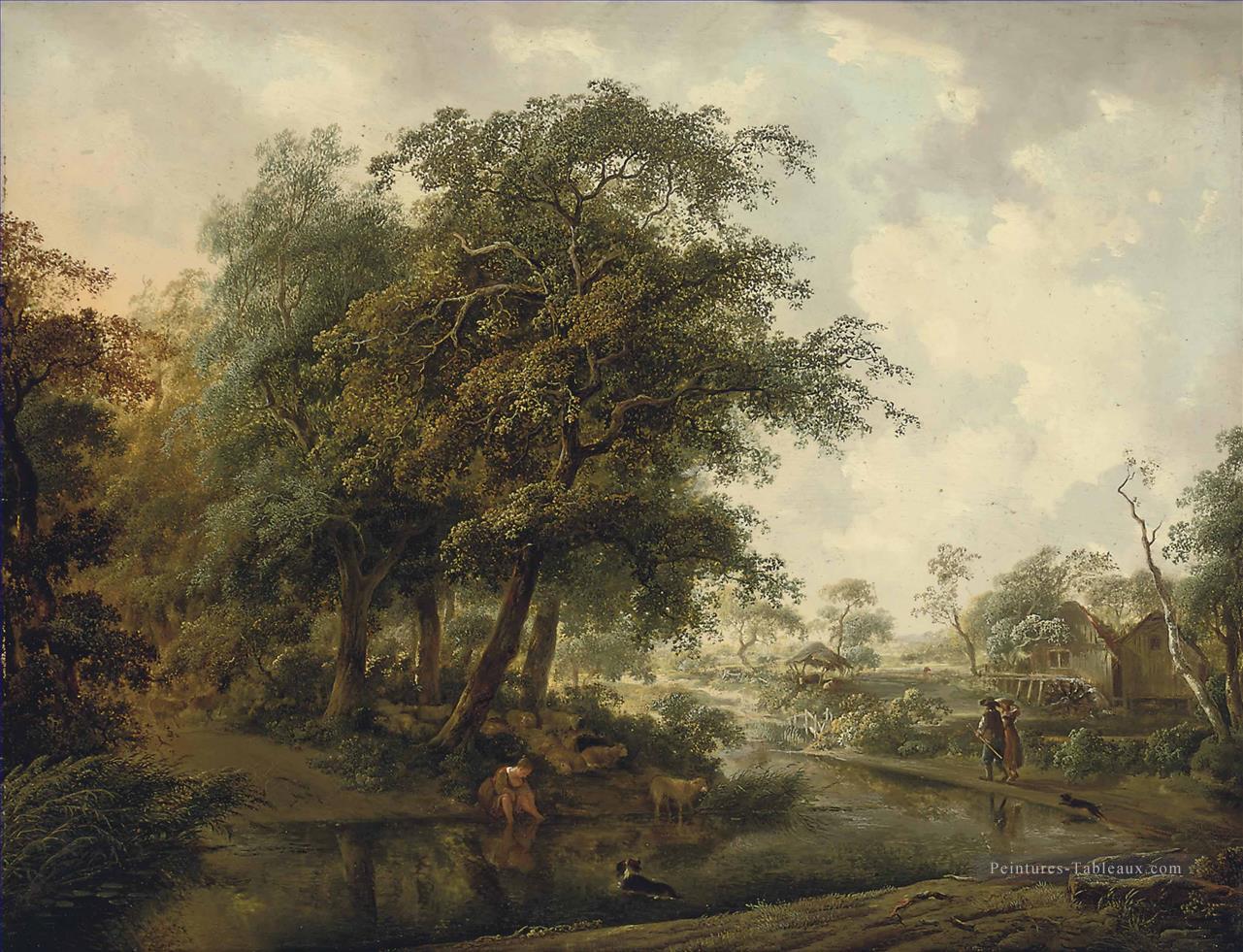 Un paysage fluvial boisé avec des voyageurs sur une piste une bergère et son troupeau sur une banque Philip Reinagle Peintures à l'huile